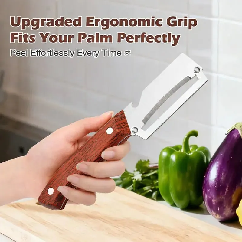 Multi-functional peeler being used on a cutting board with fresh vegetables in warm kitchen lighting